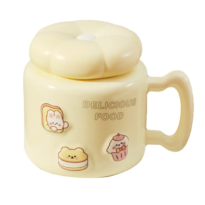 Cana cafea 12oz cu capac, imprimeu animal, design neregulat, maner gros, sticla, 14x11x7cm