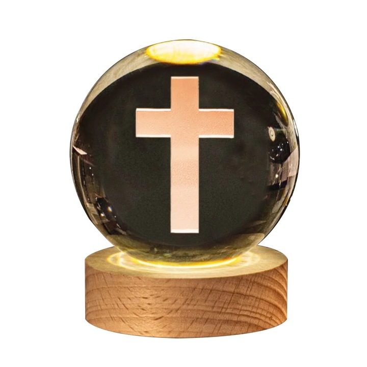 Lampa 3D ZYBLSSBB LSM2xh01-BCS7011502, statueta cruce religioasa, baza din lemn cu LED, negru/natural