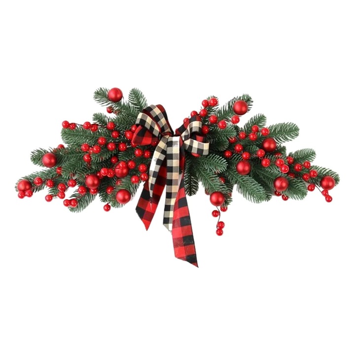 Coronita de Craciun artificiala, decor cu fructe rosii si panglica carouri rosu-negru, 28.8x19.9cm