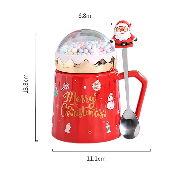 Cana ceramica Craciun cu capac palarie Mos Craciun si farfurie, rosu, 400ml