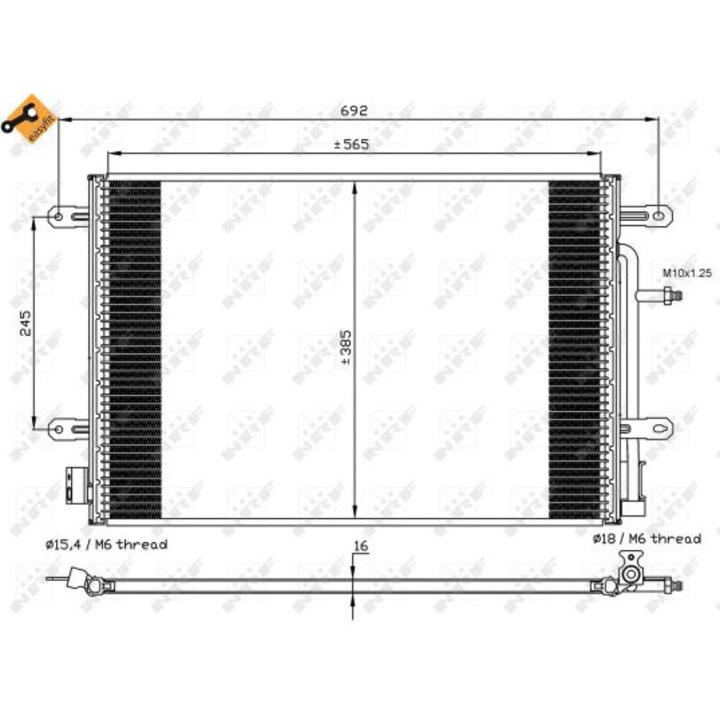 NRF klímakondenzátor, alumínium, R134a, 16mm x 385mm x 565mm