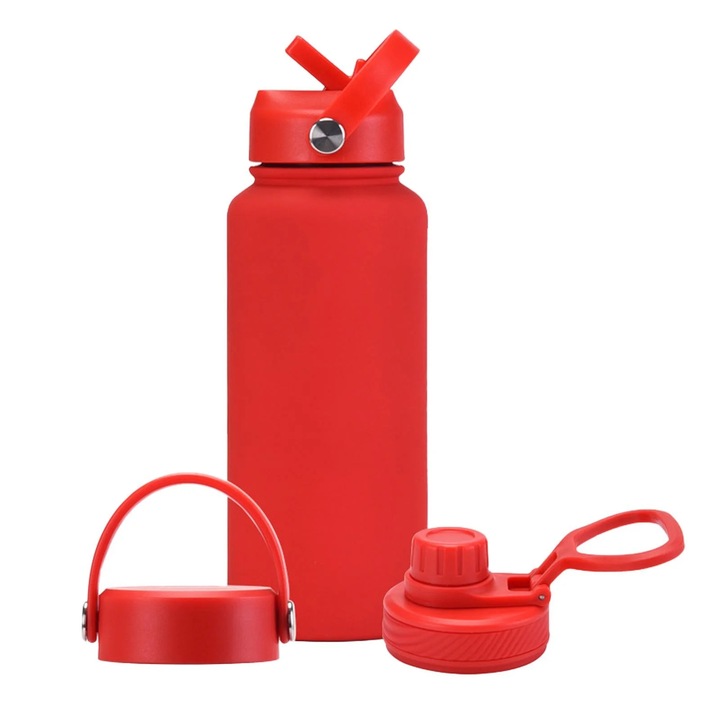 Cana termos inox, 1L, capac portabil, sport, 9x25cm, argintiu