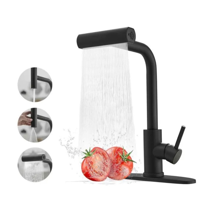 Kihúzható konyhai csaptelep, 4 üzemmód, fekete, 40cm