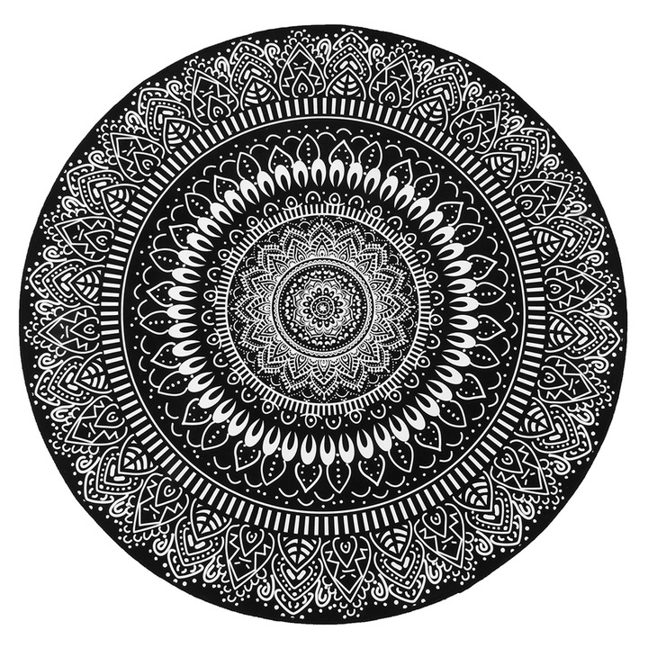 Mandala kerek szőnyeg, fekete, 120cm, csúszásgátló, puha