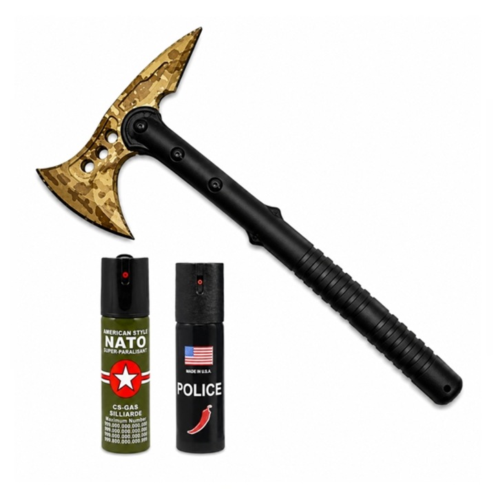 Set topor Survivor 39 cm, spray autoapărare USA POLICE 110 ml, spray chili 60 ml, teacă inclusă
