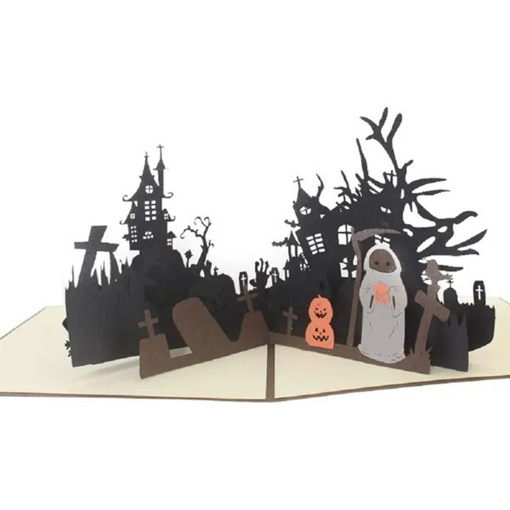 Felicitare 3D Halloween pop-up fantoma castel portocaliu 15x20cm