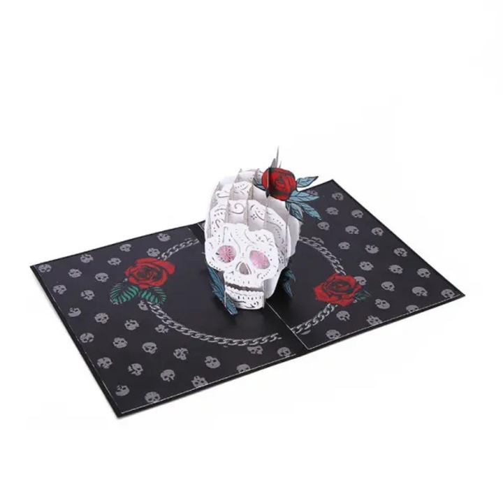 Felicitare 3D Halloween craniu trandafir pop-up multicolor 15x20cm
