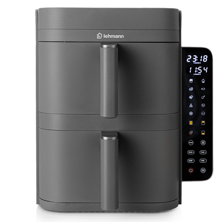 Termékkép Lehmann Vibe Dark dupla forrólevegős fritőz, Air Fryer XXL, 12 L, 2800 W, állítható hőmérséklet 40-230°C, 10 program, időzítő, 2 főzőzóna, Sync funkció, Shake funkció, Extra Crisp technológia, Sötétszürke