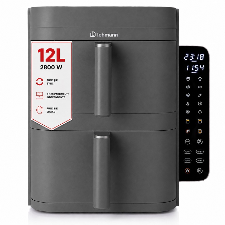 Friteuza dubla cu aer cald Lehmann Vibe Dark, Air Fryer XXL, 12 L, 2800 W, temperatura reglabila 40-230°C, 10 programe, timer, 2 zone de gatire, functie Sync, functie Shake, tehnologie Extra Crisp, Gri inchis