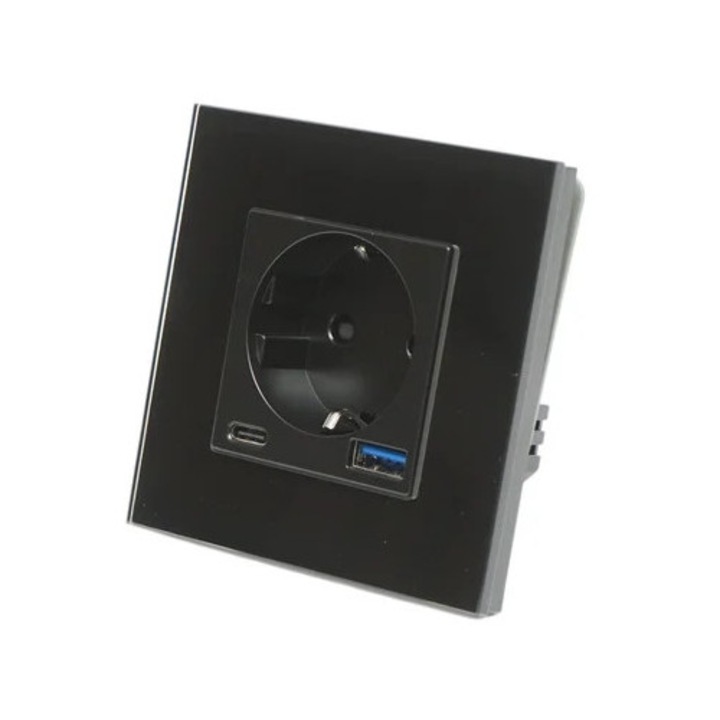 Süllyesztett Schuko aljzat USB-A és USB-C 20W gyorstöltéssel, üvegkeret, 16A, 220-250V, 8.6 x 8.6 x 3.4 cm, fekete