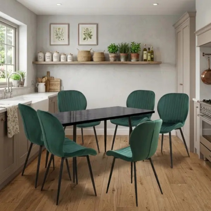 Set Masa Extensibila Bucatarie / Dining Lisabona Negru Marmorat ARTA TABLE 140-185 x 80 cm cu 6 Scaune Opal Verde, Tapitate Material Textil, Picioare Metalice Negre
