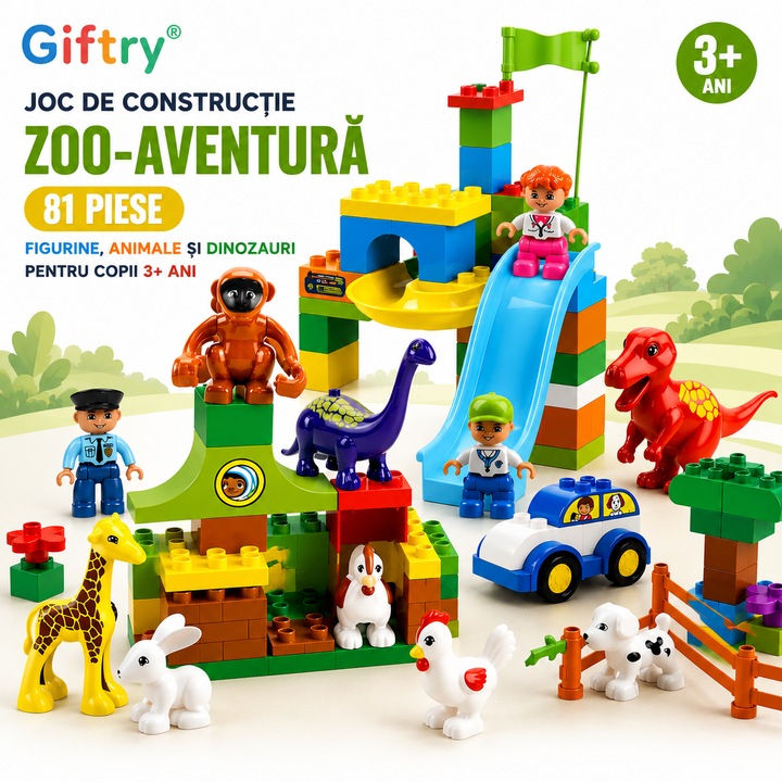 Joc de Constructie Giftry® – 81 Piese, Parc ZOO cu Figurine, Animale si Dinozauri, Set Creativ Educational pentru Copii 3+ Ani