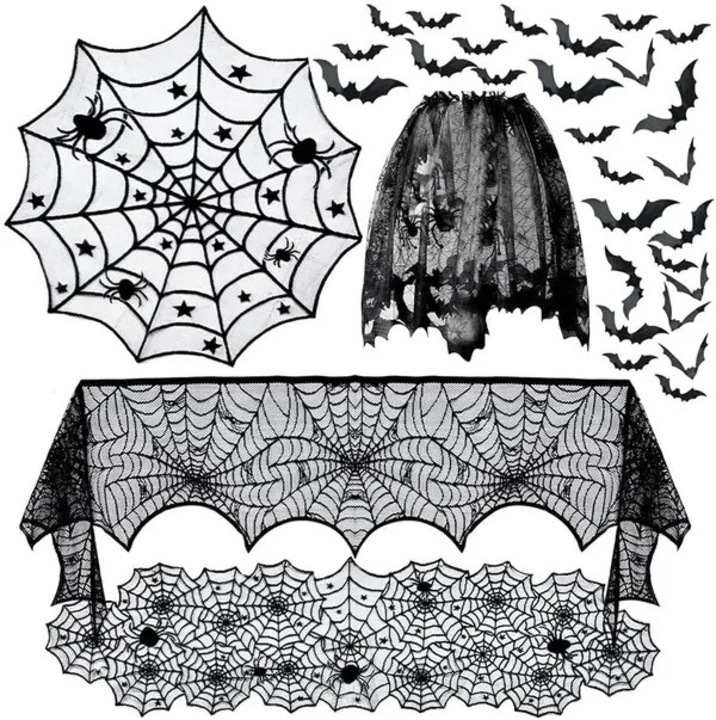 Halloween belső dekorációs szett, 5 részes, ISINI-CJ-K0497 modell, poliészter terítő pókháló mintával, kandallószalag, lámpaernyő, tányéralátétek, 36 denevér matrica, fekete