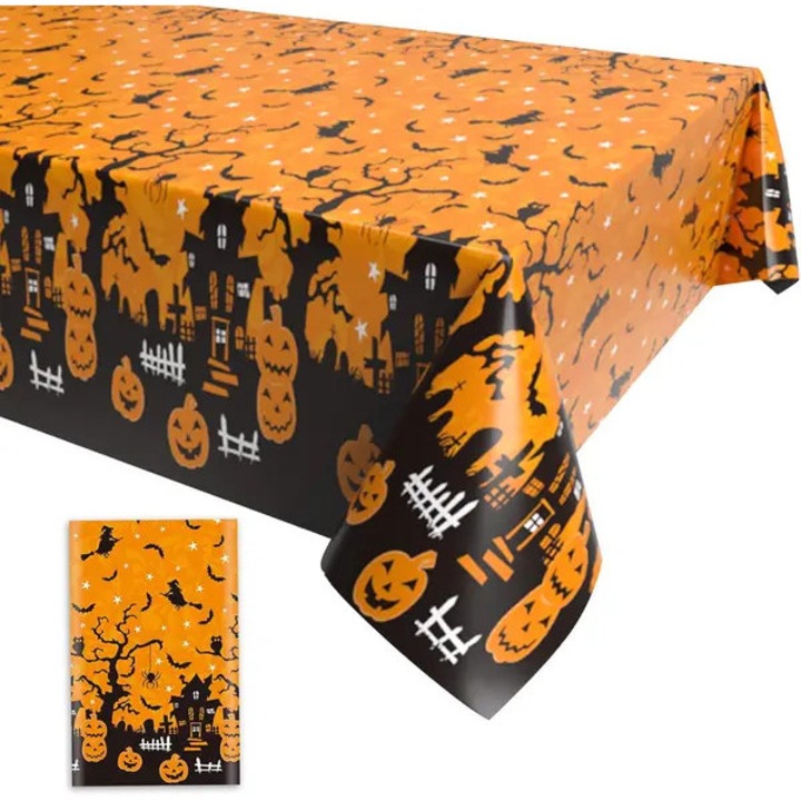 ISINI-CJ-K0497-260826-864 műanyag terítő, Halloween mintával, tökökkel, kísértetjárta házzal és denevérekkel, narancssárga/fekete, 129,5 x 221 cm