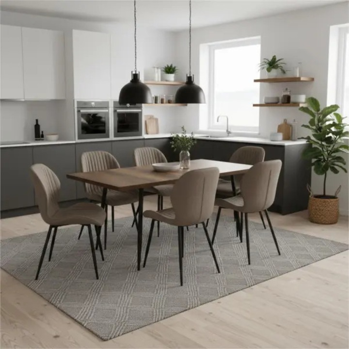 Set Masa Extensibila Bucatarie / Dining Lisabona Nuc ARTA TABLE 140-185 x 80 cm cu 6 Scaune Opal Maro, Tapitate Material Textil, Picioare Metalice Negre