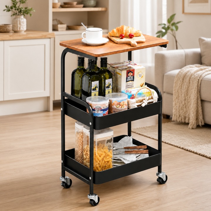 Masuta Portabila cu Roti EFYX, pentru Bucatarie, Baie, Birou, Hol, 2 polite si un blat, din otel carbon si lemn, NEAGRA, dimensiuni 73 x 40 x 30 cm