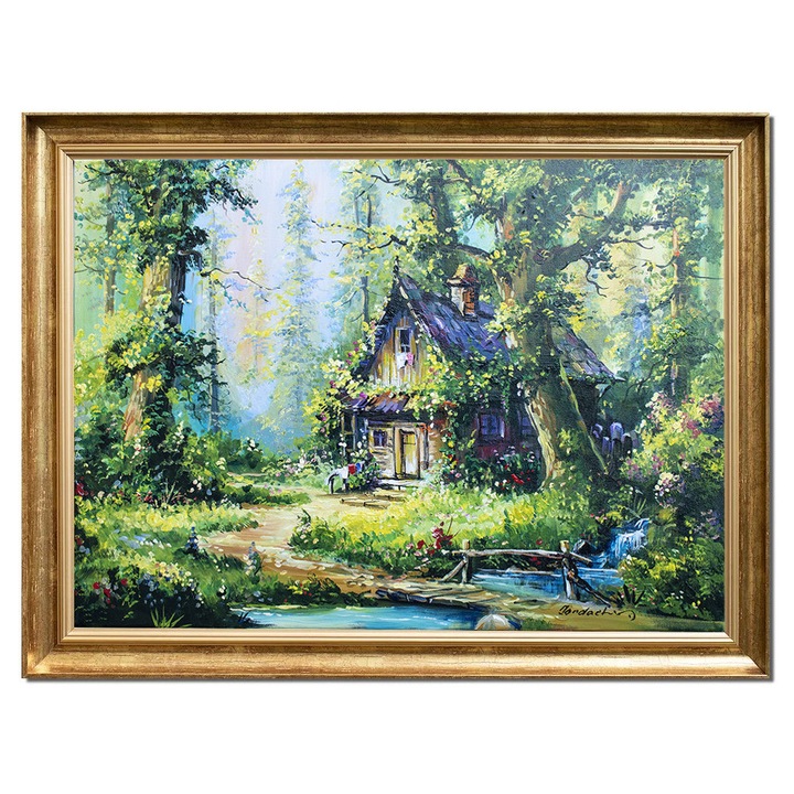 Tablou inramat cabana in padure pictat manual, Oaza de liniste, 80x60cm ulei pe panza, Mircea Iordache