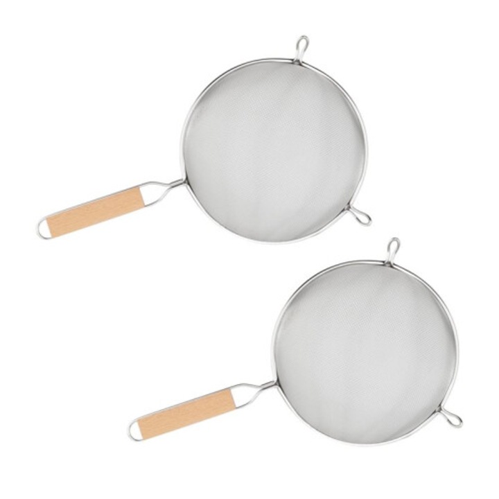 2 db rozsdamentes acél szűrő készlet, 20 cm, finom háló, mély tál, drót fogantyú, ezüst