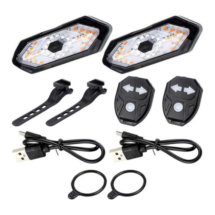 Set 2 lumini spate bicicleta semnalizatoare wireless USB reincarcabile impermeabile
