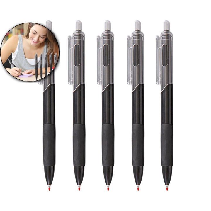 Pixuri gel 5 buc, varf 0.5mm, negru, 15cm, plastic, set