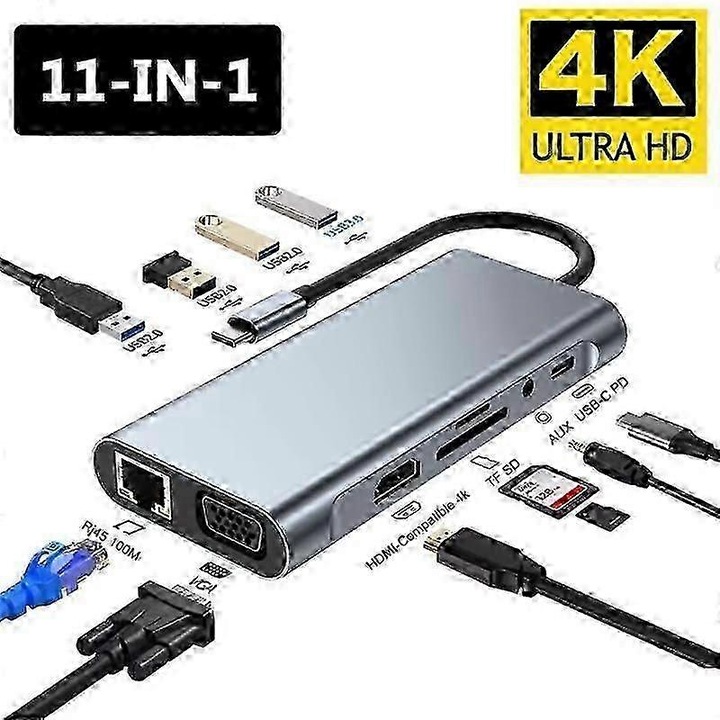USB C elosztó 11 az 1-ben, többszínű, kompakt, hordozható