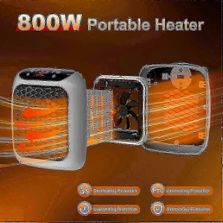Hordozható kerámia hősugárzó 800W, 12 órás időzítő, LED kijelző, fekete, kompakt