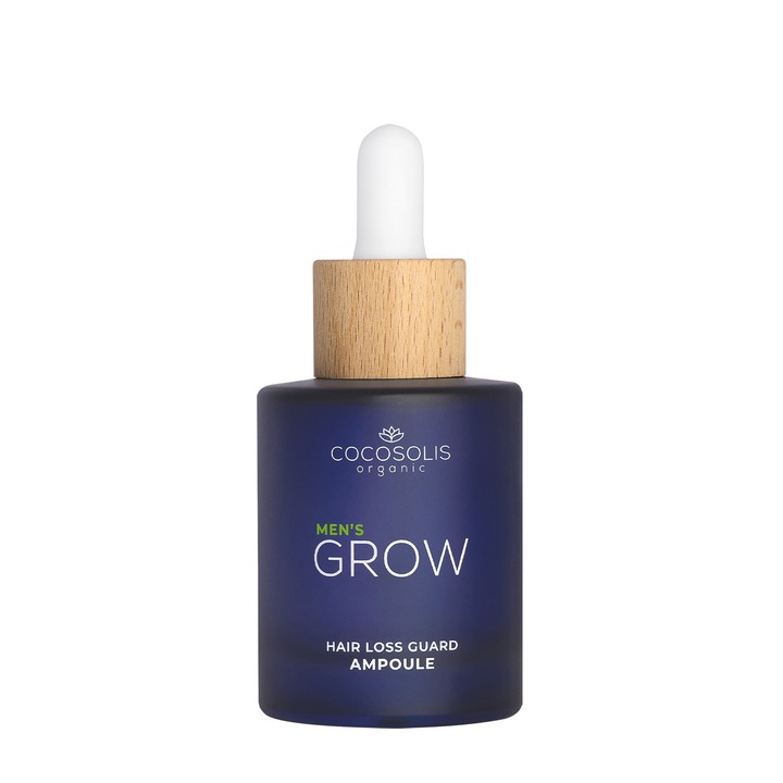 Intenzív szérum ampulla férfi hajhullás ellen. Csökkenti a hajhullást, és látványosan felgyorsítja a hajnövekedést. COCOSOLIS GROW Men / Men’s Hair Loss Guard Ampoule, 50ml