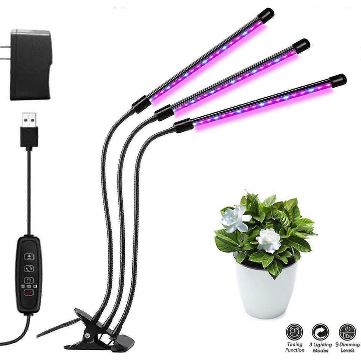 LED lámpa növényekhez, 3 mód, 9 fényerő szint, 360°-ban hajlítható, USB, többszínű, univerzális