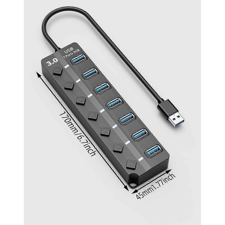 USB 3.0 Hub, 7 portos, LED, hosszú kábel, fekete