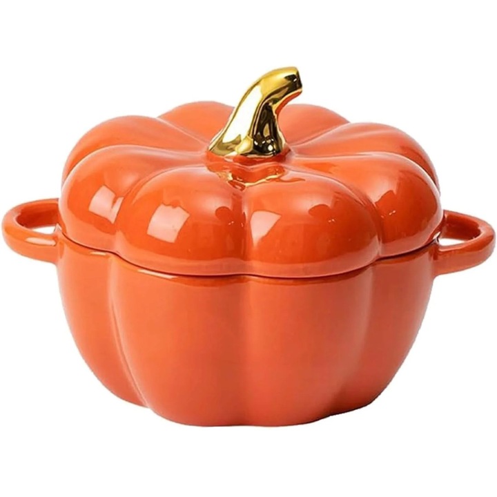 Bol ceramic dovleac cu capac, mini oala pentru supa, portocaliu, 18x18x12cm