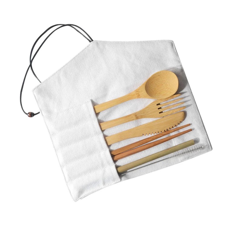 Set tacamuri portabile din bambus, 6 piese, bej, 10x15cm