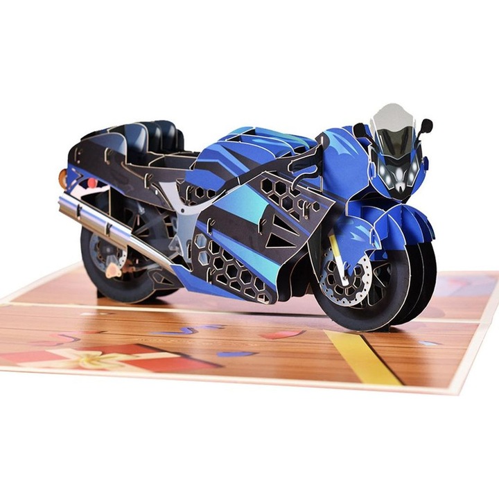 3D pop-up motorkerékpár üdvözlőlap, 3 darabos szett, többszínű, 20x15cm