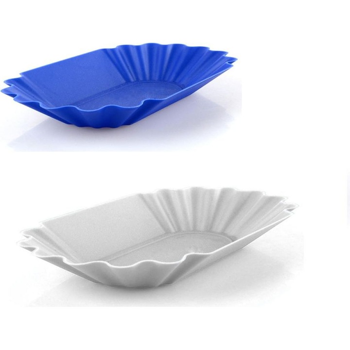 Tányér burgonyához szószos tálkával, világos krémszínű porcelán, 450g, fehér-kék