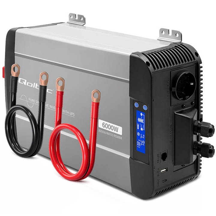 Qoltec Pure Sine Wave 3000W 6000W UPS BYPASS LCD USB USB-C 12V 230V feszültséginvertor