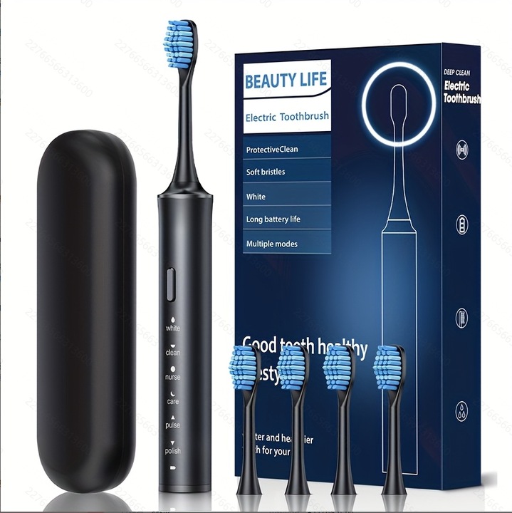 Periuta de dinti electrica sonic, 5 moduri, peri moi, negru, IP67, set familie