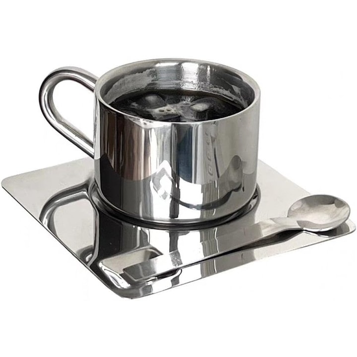 Set cesti cafea inox dublu strat cu farfurii si lingurita, argintiu, 250ml