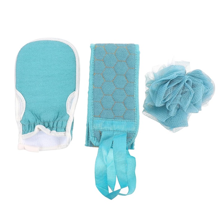 Set bureti baie exfolianti cu manusa si prosop verde 3 piese
