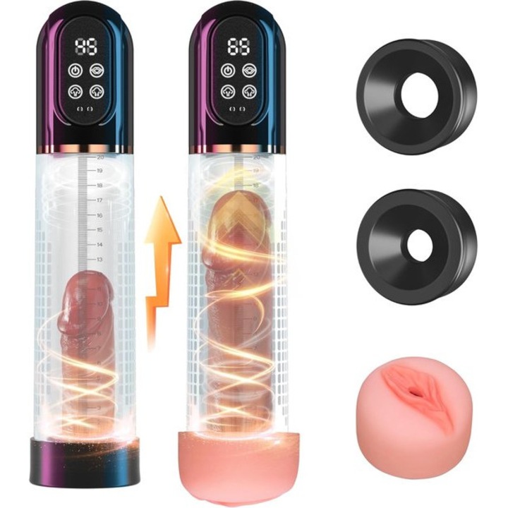 Pompa penis electrica cu 4 moduri de aspiratie, 3 moduri antrenament, silicon, IPX7, transparent