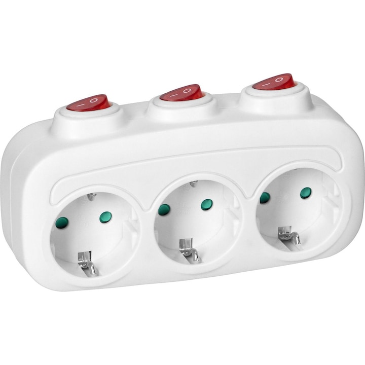 Разклонител за бюро, 3 контакта, ключ, бял, 230V, 16A