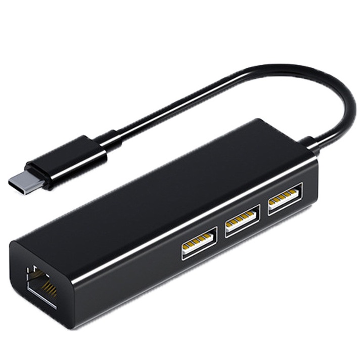 Adaptor retea USB Type-C cu 3 porturi USB, 8.5x2.4x1.7cm