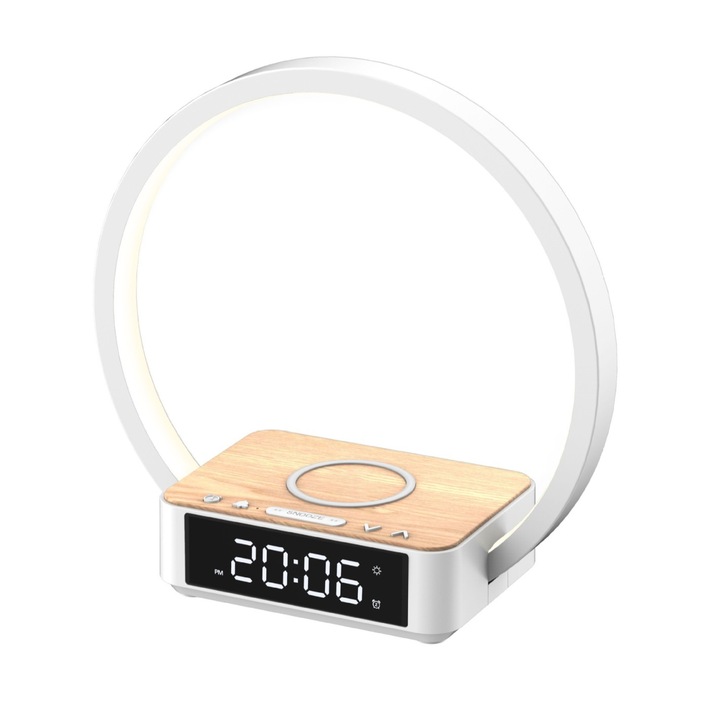 Lampa de birou 4 in 1, ceas alarma, incarcator wireless, reglabila, alb, 20x10x10cm