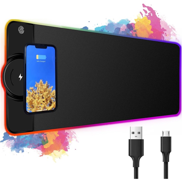 Egérpad gaming LED RGB világítással, 10W vezeték nélküli töltéssel, fekete, 80x30x0.4cm