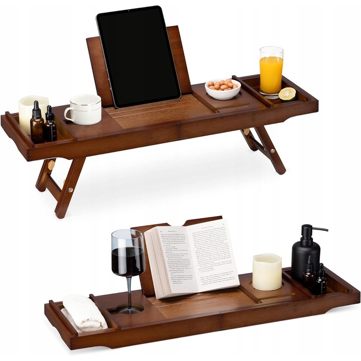 Tava servire multifunctionala bambus, reglabila, maro inchis, 75x22.5x4cm