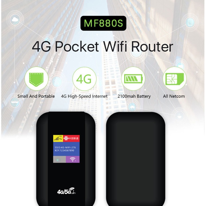 Hordozható WiFi router 4G 150Mbps 2100mAh fekete 10x6.8x1.3cm