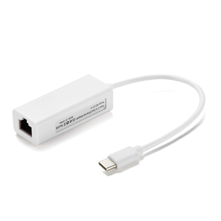USB Type C мрежов адаптер, 100Mbps, бял, 6x2.2x1cm