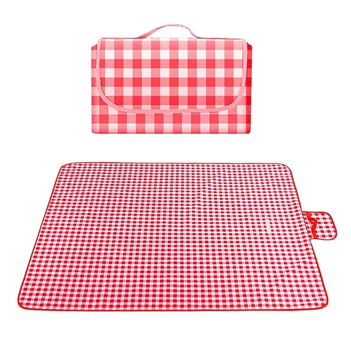 Patura picnic impermeabila, pliabila, 150x200cm, rosu in carouri, cu maner