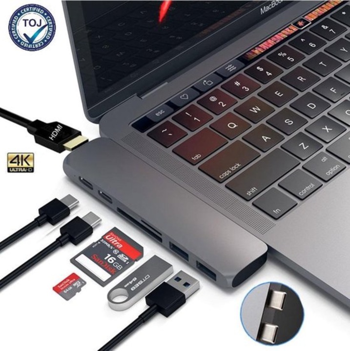 Hub USB-C 7 in 1, 4K HDMI, 2x USB 3.0, 2x USB-C, cititor card SD/microSD, gri spatial, compact
