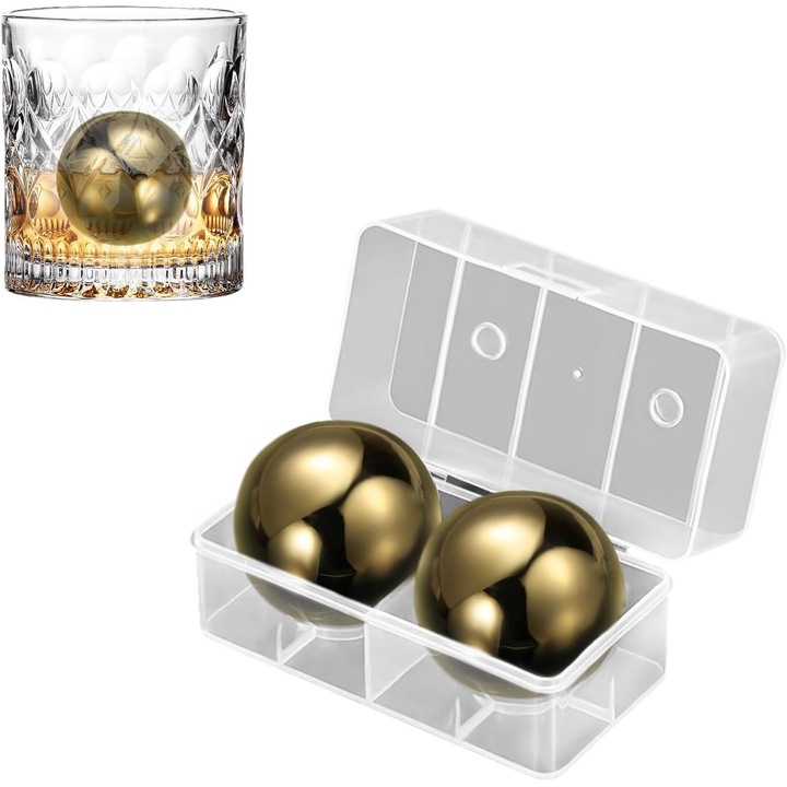Set 2 bile whisky din otel inoxidabil 55mm, reutilizabile, cu cutie depozitare