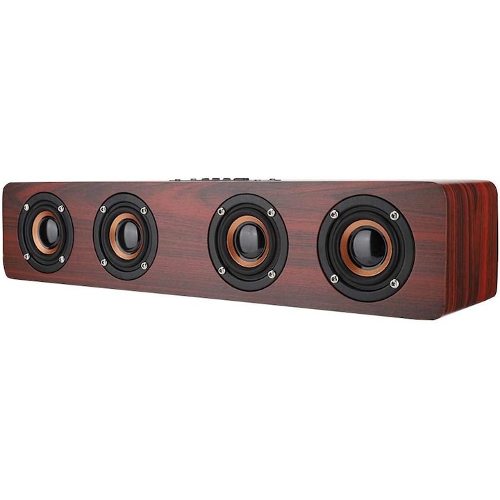 Soundbar din lemn, 12W, Bluetooth, rosu, 3.5mm, TF card, FM, 4 difuzoare