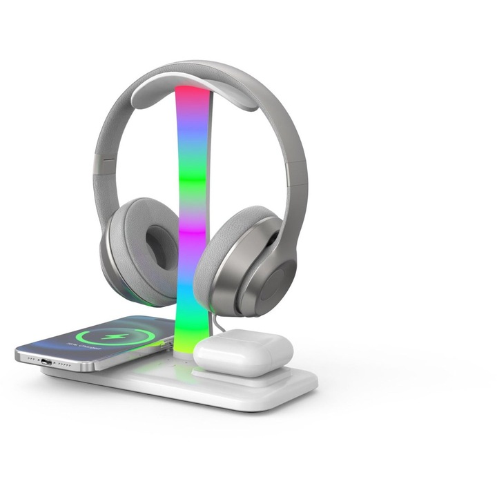 Suport casti gaming RGB cu incarcare wireless 15W alb 3in1
